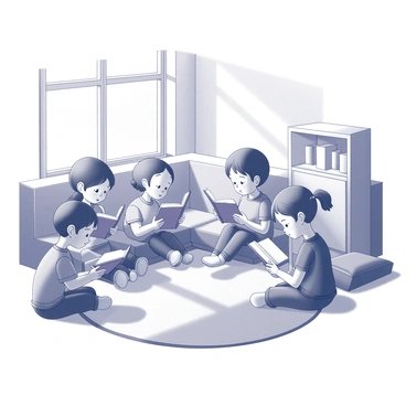 A cozy classroom reading corner filled with soft cushions and a small bookshelf. Several children sit comfortably on the floor, each engrossed in their own book. The children exhibit different hairstyles and clothing styles, creating a diverse scene. Sunlight filters through a nearby window, illuminating the area and casting soft shadows. Each child has a focused expression, reflecting their engagement with the stories. A small rug is positioned in the center of the corner, enhancing the inviting atmosphere.