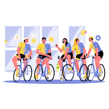 A group of five cyclists wearing bright blue and yellow matching jerseys is positioned in a well-lit indoor cycling studio. Each cyclist is on their own stationary bike, pedaling vigorously. Their expressions show determination and excitement as they cheer each other on, with one cyclist raising their fist in encouragement. The background features large motivational posters on the walls and mirrors reflecting the energy of the group, creating a lively atmosphere. A few water bottles are placed on the bikes, indicating a high-energy session.