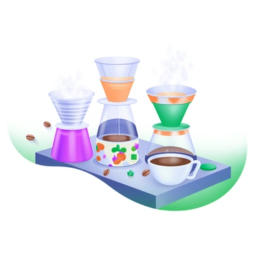 A modern pastel illustration featuring a collection of "v60 coffee drippers" each designed with unique colors and patterns. The drippers are arranged on a clean surface, showcasing a variety of textures, including stripes, polka dots, and floral designs. Surrounding the drippers are several coffee beans scattered artistically, and a steaming cup of coffee sits nearby, completing the scene.