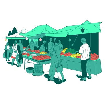 A teal marketplace is bustling with activity, featuring various stalls decorated with colorful awnings. Each stall is filled with fresh produce, including vibrant red tomatoes, yellow bell peppers, and leafy green vegetables neatly arranged. Next to the produce, there are tables displaying handmade crafts such as intricate pottery, woven baskets, and colorful textiles. People of diverse backgrounds are walking through the market, some carrying shopping bags filled with goods, while others engage in conversations with the stall owners. The atmosphere conveys a sense of community and lively commerce.