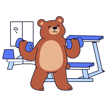 A cartoon bear with a brown fur coat is in a gym lifting dumbbells. The bear is positioned in a hammer curl motion, with its arms bent and holding the dumbbells close to its body. The bear has a focused expression on its face, showcasing determination. The gym has a simple design with a few workout benches and exercise mats visible in the background.