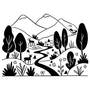 A lush green valley filled with various types of vegetation, including tall grasses and flowering plants. The valley is bordered by majestic mountains in the background, their peaks rising sharply against the sky. Inhabitants of the valley include a variety of wildlife, such as deer grazing peacefully among the trees, colorful birds perched on branches, and small animals scurrying through the underbrush. A winding river flows gently through the valley, reflecting the landscape around it.