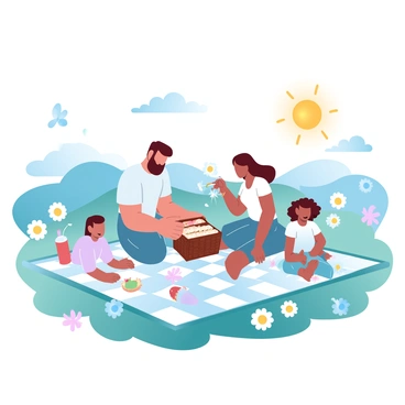 A family is sitting on a large checkered picnic blanket spread across a vibrant field filled with blooming daisies. The parents are unpacking a picnic basket filled with sandwiches, fruits, and drinks. Two children are playing nearby, one is lying on the blanket while the other is picking daisies and creating a small bouquet. The sun is shining brightly overhead, casting warm light across the scene, and a few butterflies can be seen fluttering around the flowers. In the background, there are rolling hills that enhance the sense of a peaceful day outdoors.