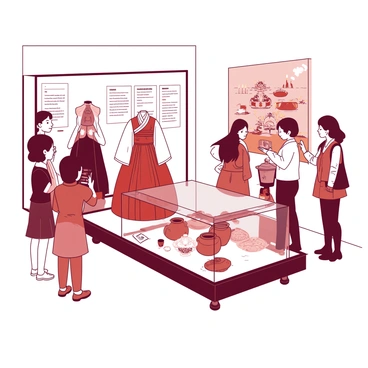 A group of people is gathered inside a Korean history museum exhibit, showcasing various artifacts. Individuals of different ages are curiously examining a large ornate traditional hanbok displayed on a mannequin. Nearby, a glass case holds ancient pottery and tools, while a woman takes a photograph of a detailed mural depicting historical scenes. The walls are adorned with informational panels that describe the significance of the artifacts. Soft lighting highlights the textures and colors of the items, creating an engaging atmosphere for the visitors.