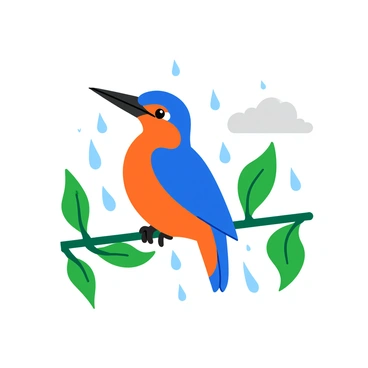 A vibrant kingfisher with bright blue and orange feathers sits on a thin, green branch. Raindrops cascade down, creating small splashes around the bird. The background features soft shades of green from leaves glistening with moisture. The kingfisher's sharp beak is pointed forward, while its eyes are focused intently ahead. Light gray clouds are visible in the sky, enhancing the mood of a gentle spring rain shower. Tiny droplets cling to the branch and the feathers of the kingfisher, adding detail to the scene.