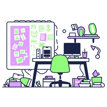 A messy garage is converted into a makeshift office. In the center, there are two computers on a cluttered desk, surrounded by various tools and scattered papers. On one side, a large whiteboard is filled with handwritten notes and diagrams, partially covered with sticky notes. Next to it, several prototype models are displayed on shelves, showing different designs and components. The floor is littered with miscellaneous items, including spare wires and empty boxes. A worn-out office chair sits in front of the desk, contributing to the overall chaotic yet productive atmosphere of the space.