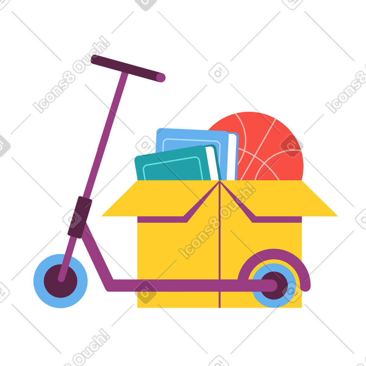 Ilustração de Box with children's items and scooter, Moving or decluttering kids' room em no estilo Sammy para baixar em PNG, SVG