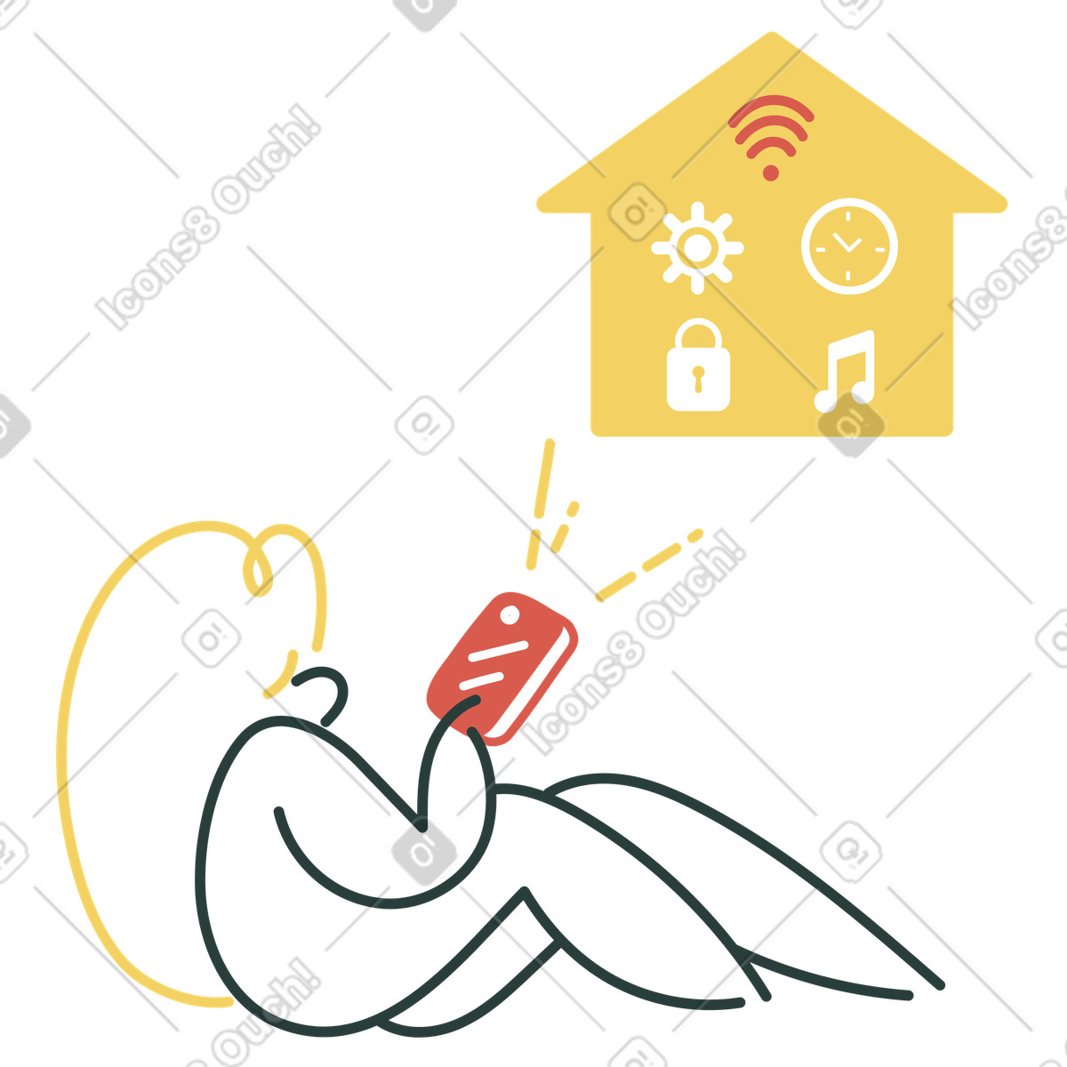 Macaroni スタイルの User controlling smart home with phone, automation concept のイラストをPNG、SVG形式でダウンロード