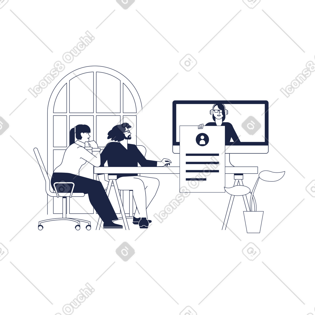 Man and woman in the office conduct an online interview with a candidate illustration Urban Line style download PNG, SVG