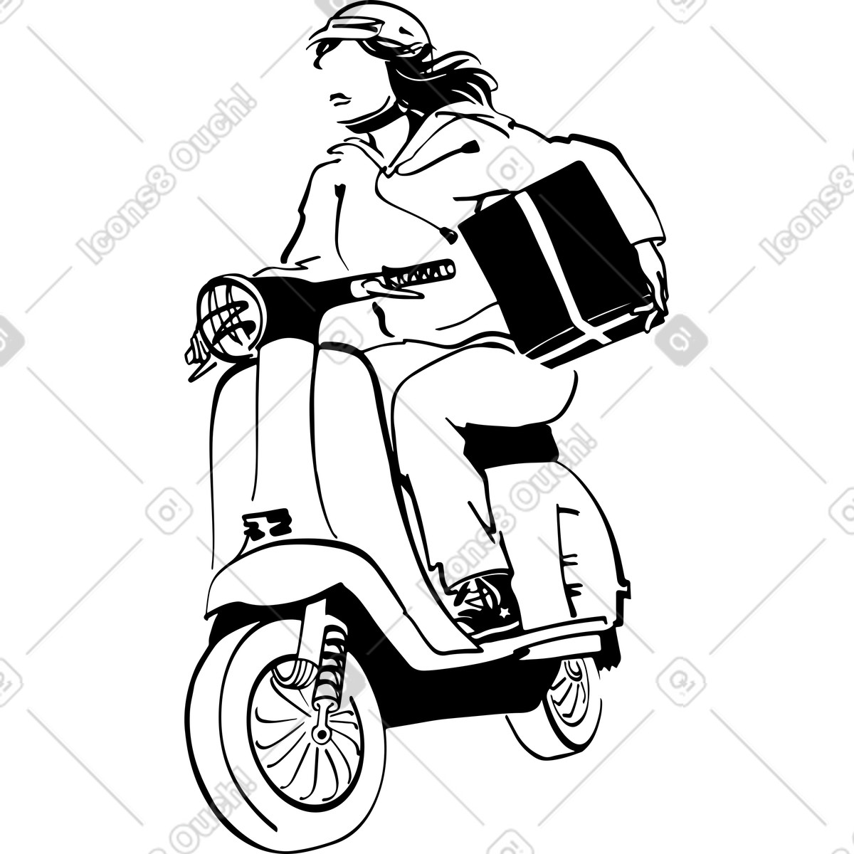 Ilustração de Mulher em uma motoneta com caixa nas mãos no estilo Line para baixar PNG, SVG