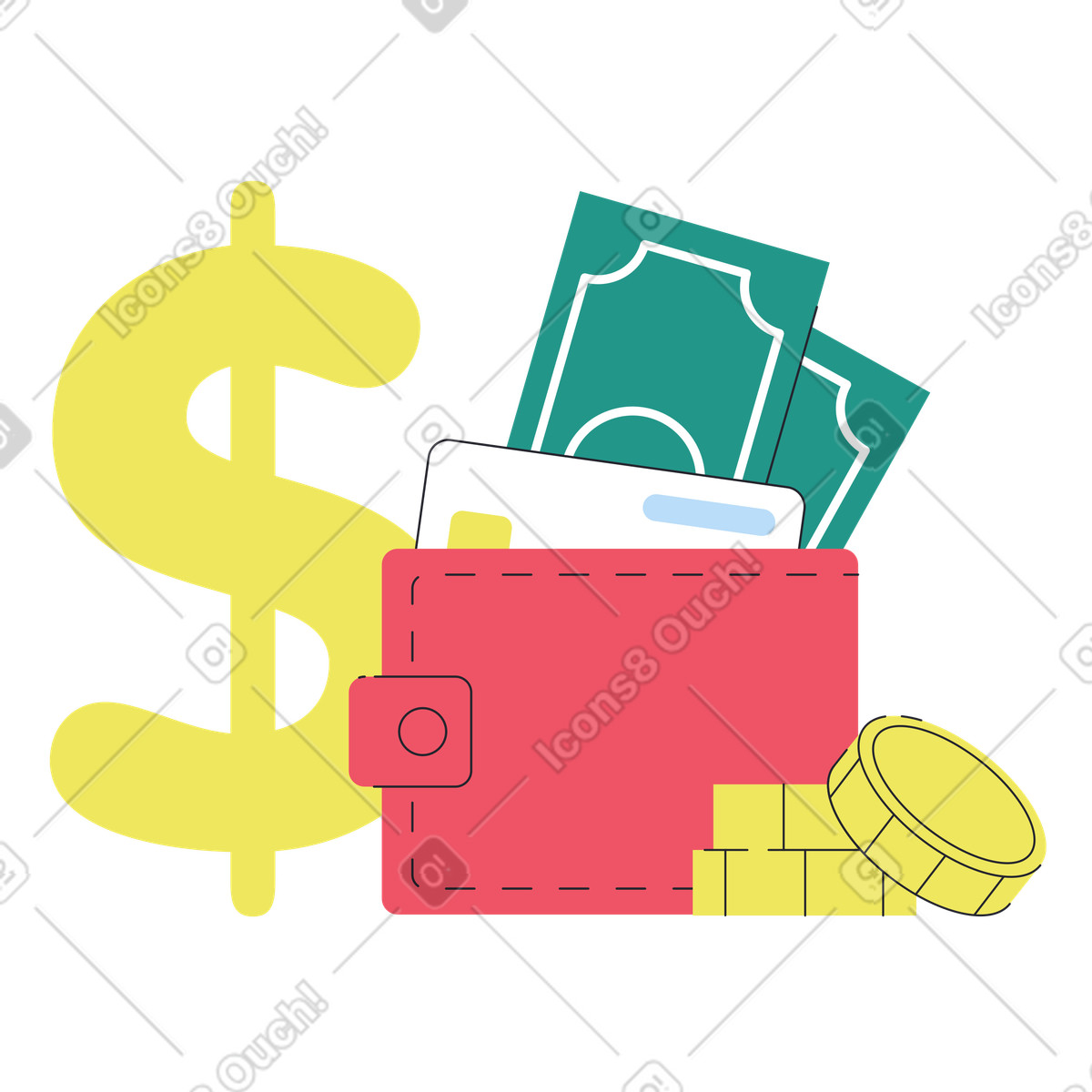下载 Boba 风格的 Pocket wallet with banknotes and coins, Personal finance or money management 插画，支持 PNG、SVG 格式