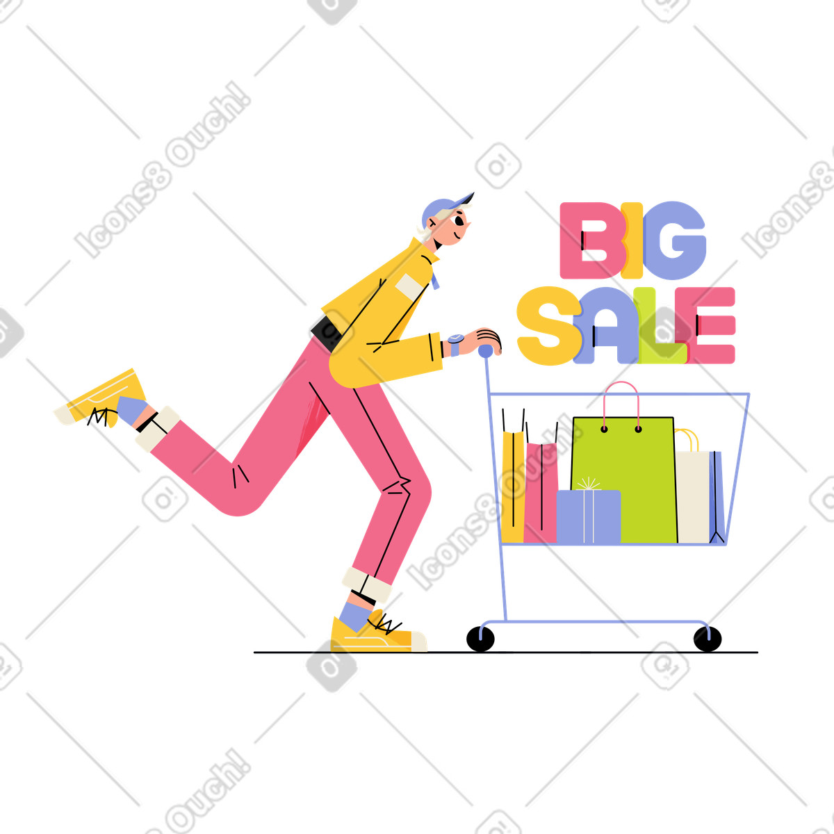 Illustration Inscription big sale avec l'homme qui tire le chariot dans style Juicy à télécharger aux formats PNG, SVG