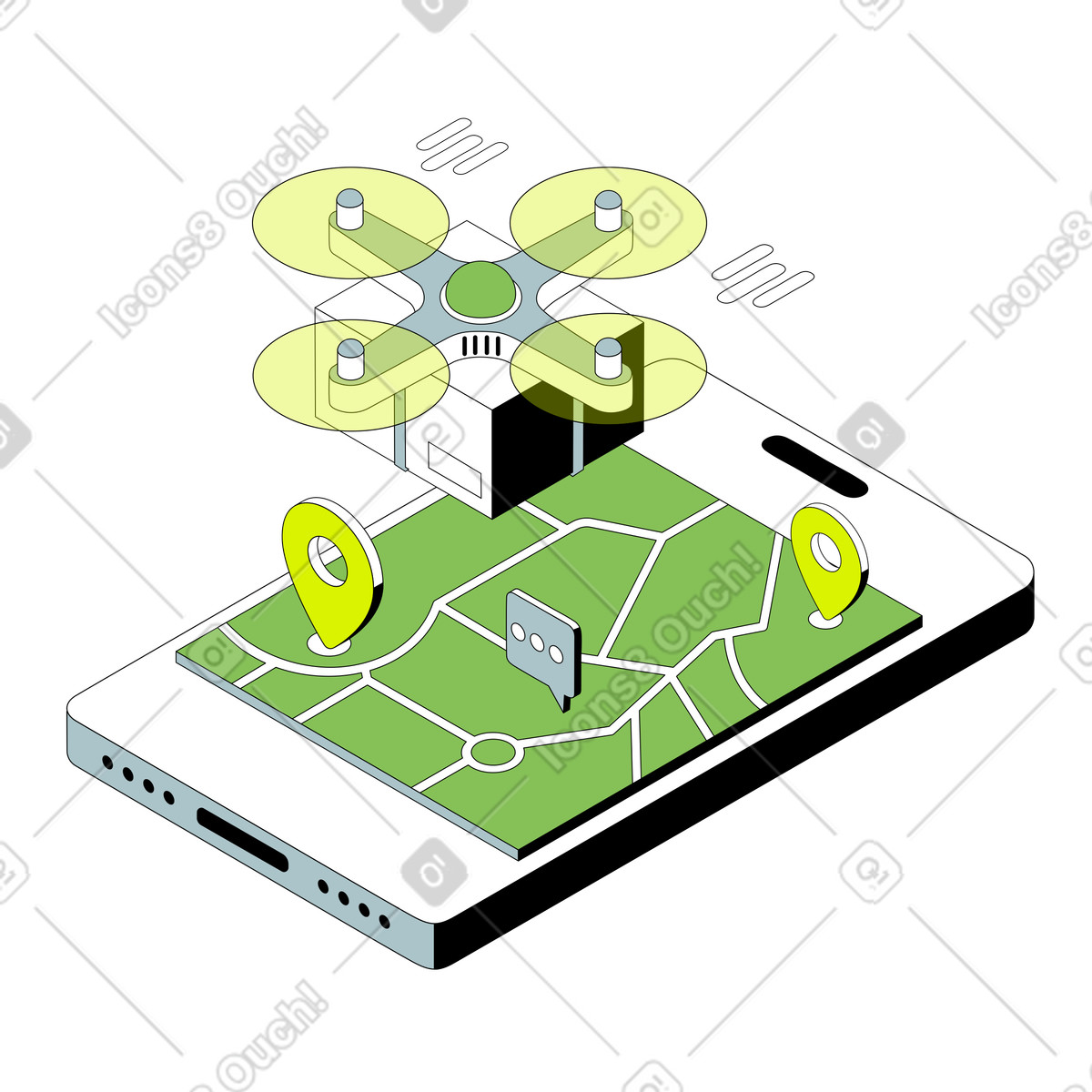 Ilustração de Smartphone com mapa para entrega por drone em no estilo Isometric baixar em PNG, SVG