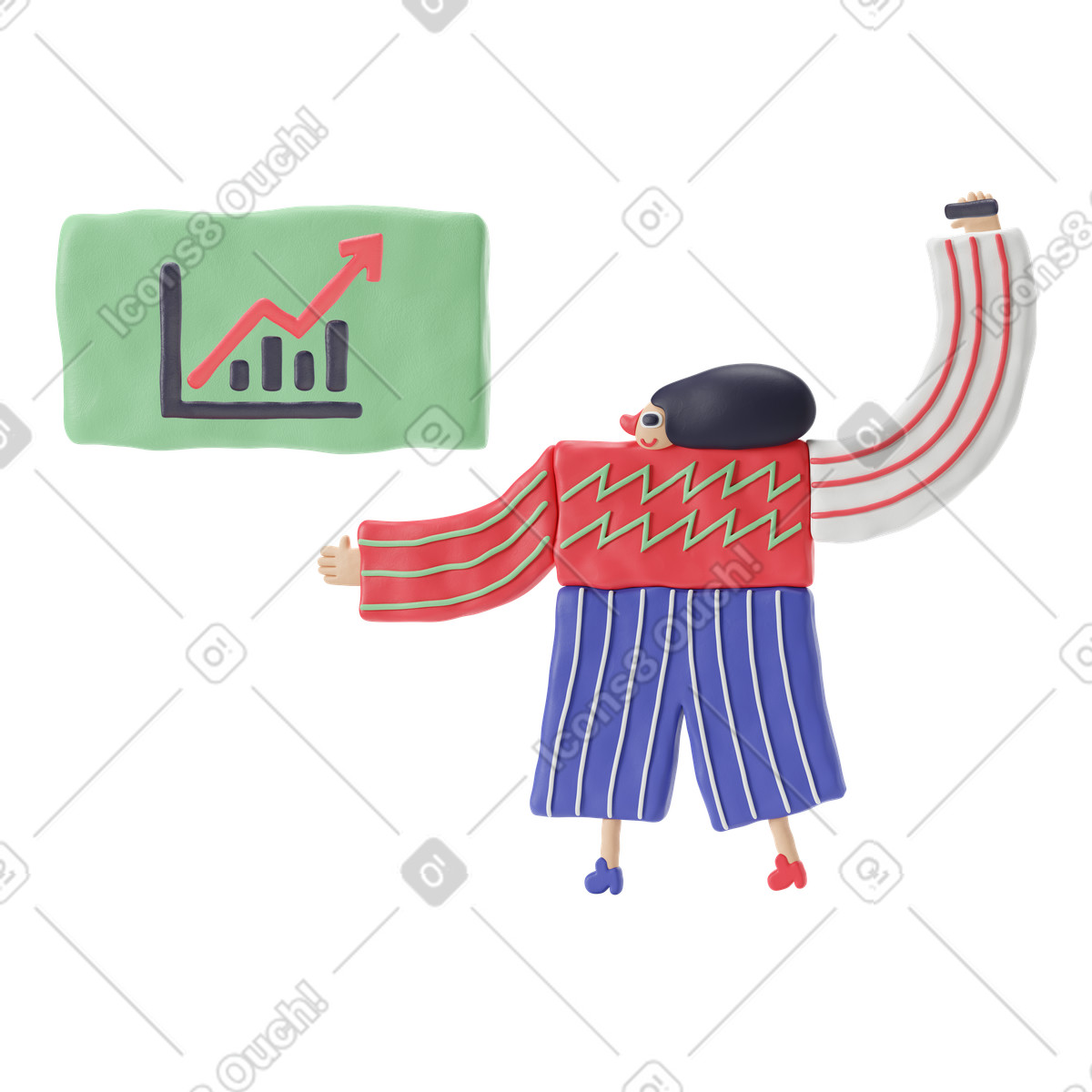 3D Stripy スタイルの インフォグラフィックでビジネスプレゼンテーションを行う女性 のイラストをPNG、SVG形式でダウンロード