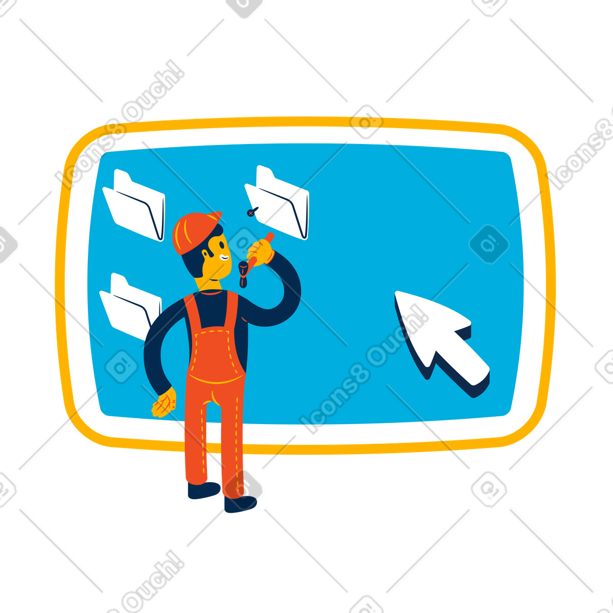 Information architecture and content structure, technician organizing digital folders illustration in Flame style download in PNG, SVG