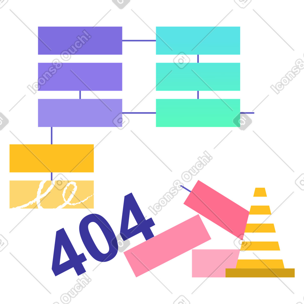 Illustration Organigramme brisé avec erreur 404 et cône de construction, échec l'automatisation des processus dans le système flux travail style Bright à télécharger aux formats PNG, SVG