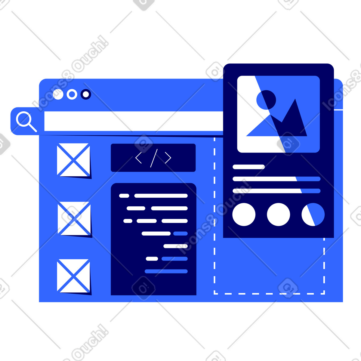 Blue browser window with website mockup illustration in Lounge style download in PNG, SVG