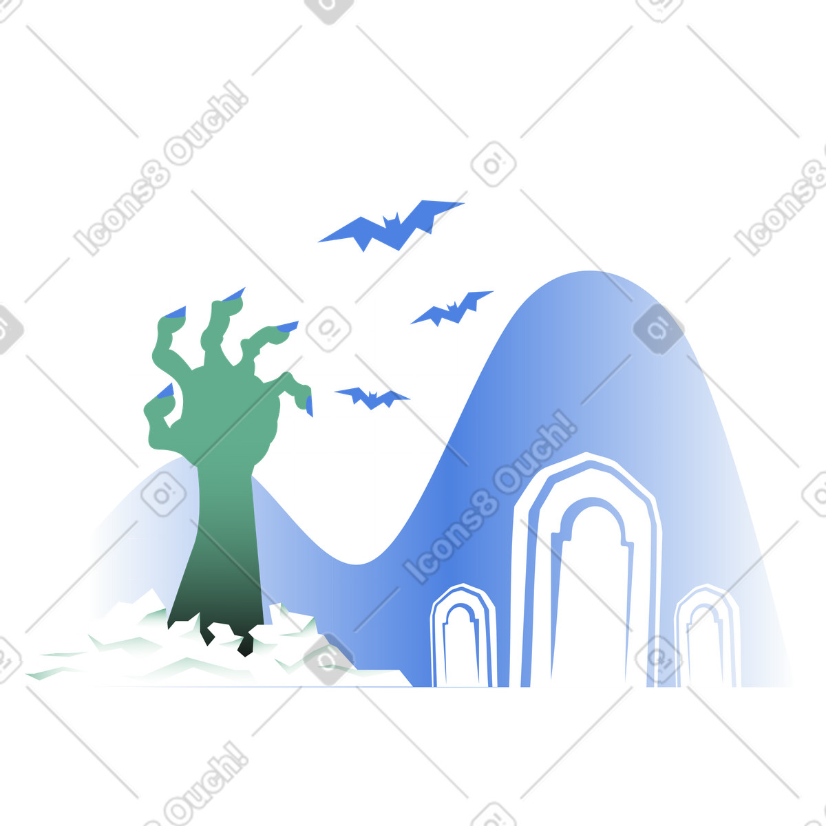 Zombie hand, bats and gravestones illustration in Network style download in PNG, SVG
