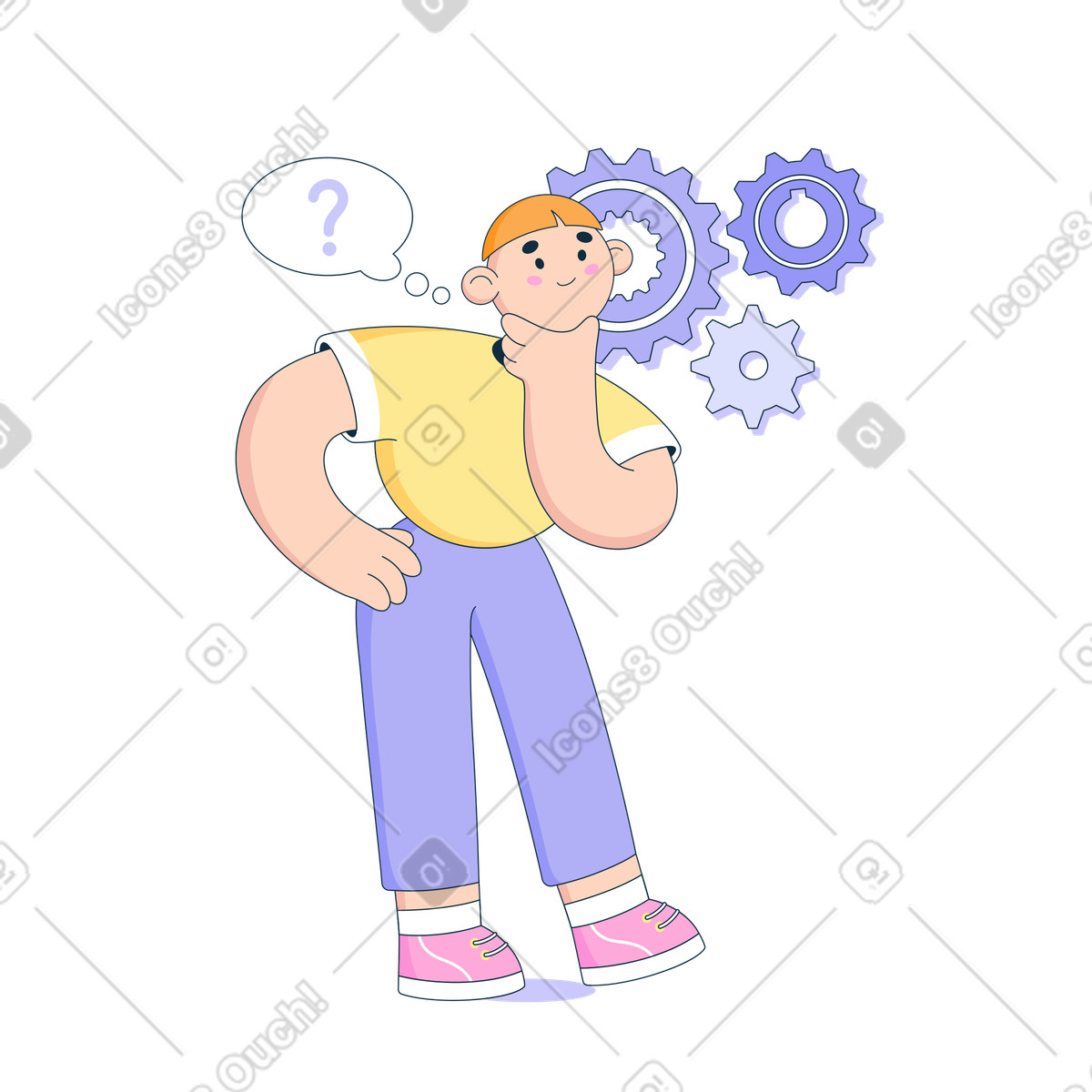 L'uomo guarda gli ingranaggi e decide la domanda illustration in PNG, SVG