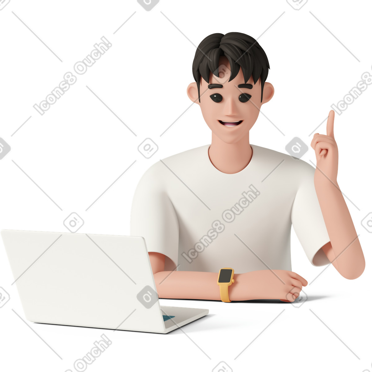 Smiling man with laptop raising his index finger-Illustration im 3D Casual life-Stil als Download in PNG, SVG
