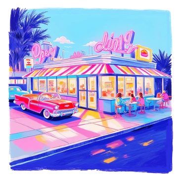A 1950s vintage diner set with classic cars parked outside and neon signs glowing
