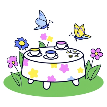 A whimsical tea party is set on a green grass surface. There is a small round table with a white tablecloth adorned with colorful floral patterns. Atop the table are delicate teacups filled with vibrant nectar, surrounded by an assortment of blooming flowers in various colors. Around the table, several butterflies of different species, featuring bright and intricate wing patterns, are perched and appearing to sip the nectar from the flowers. In the background, a few more flowers and soft green foliage add to the inviting atmosphere of the scene.