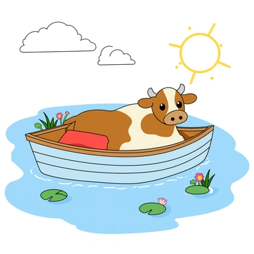 A large brown and white cow with big expressive eyes is peacefully floating in a small wooden rowboat. The boat is light blue and has a bright red seat cushion. The cow is comfortably resting against the side of the boat, with its head gently resting on the edge. Surrounding the boat, the tranquil lake is a soft shade of blue, dotted with tiny ripples reflecting the fluffy white clouds above. There are green lily pads scattered on the water's surface, and a few colorful flowers are blooming nearby, adding to the serene atmosphere. The sun is shining brightly, casting playful shadows around the scene.