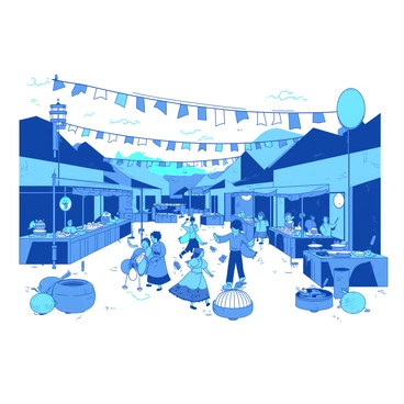 A blue village square is bustling with activity during a lively festival. Colorful banners in various shapes and sizes are strung between the buildings, fluttering in the breeze. A group of people is dancing joyfully in the center, wearing vibrant costumes that add to the festive atmosphere. Musicians are playing traditional instruments on the sidelines, with their instruments featuring bright details. Stalls selling delicious food and handmade crafts line the square, each decorated with cheerful colors. The scene captures the spirit of celebration and community during this festive occasion.