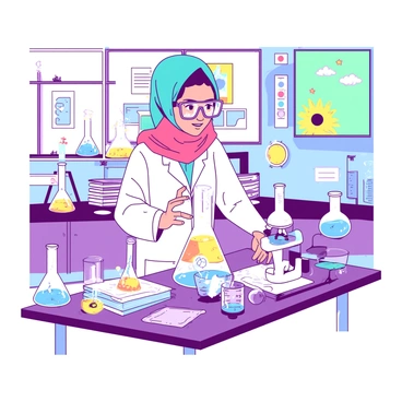 A curious Muslim girl wearing a colorful headscarf is conducting a fun science experiment in a classroom. She is standing at a lab table filled with various bubbling beakers and colorful liquids. The girl is wearing a lab coat and safety goggles as she carefully observes the reactions taking place in the beakers. Around her, there are additional laboratory tools, such as measuring cylinders and a microscope. The classroom has bright posters of scientific concepts on the walls and natural light streaming in through the windows.