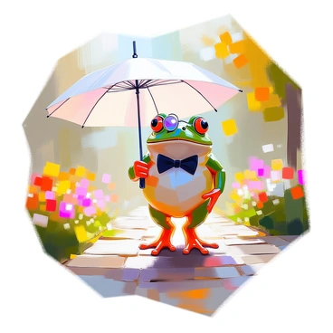 A dandy frog with vibrant green skin is walking gracefully through a park. It wears a classic black bowtie and a shiny monocle perched over one eye, giving it a distinguished appearance. In its webbed hand, it holds a dainty parasol, elegantly opened, providing shade as it strolls. The park is filled with lush greenery, colorful flowers, and a cobblestone path winding through the vibrant scene. The frog appears content, taking in the beauty of its surroundings as it makes its way along the path.