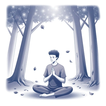 A person sitting cross-legged on the ground, engaged in meditation. The individual has a serene expression, with hands resting on their knees, fingers forming a mudra. They are surrounded by tall, lush trees with thick trunks and a canopy of leaves overhead. Some leaves are gently falling around them, creating a peaceful atmosphere. The ground is covered in a mixture of grass and fallen leaves, providing a natural cushion. Sunlight filters through the branches, casting soft shadows on the person and the forest floor.