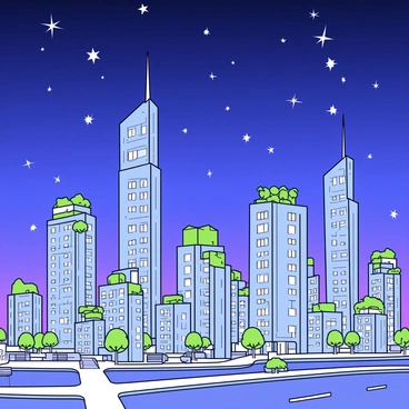 A futuristic city skyline featuring sleek, modern skyscrapers with glass facades reflecting light. The buildings are designed with greenery integrated into their structure, including vertical gardens and rooftop parks. Streets are lined with illuminated walkways made of light-absorbing materials. The night sky above is clear, filled with a multitude of bright stars shining distinctly without interference from city lights. Soft ambient lighting from the buildings creates a harmonious glow, complementing the starlit sky.