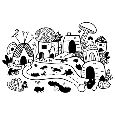A detailed scene of a lively ant village, showcasing small houses constructed from pebbles and twigs. Each house varies in size and shape, some with roofs made of woven grass. A network of paths made of tiny dirt trails meanders through the village, connecting the houses. Ants of various sizes are seen bustling about, carrying food items and building materials. Lush foliage surrounds the village, adding texture and depth to the environment. In the background, a large mushroom serves as a communal gathering point for the ants, emphasizing the vibrant activity of the village.