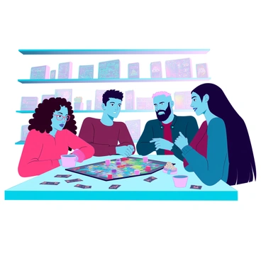 A diverse group of friends is gathered around a sleek, modern table, intensely focused on a colorful board game spread out in front of them. There are four friends: a woman with curly brown hair wearing glasses, a man with short black hair and a beard, a man with buzzed blonde hair, and a woman with long straight black hair. The room is well-lit, highlighting the vibrant game pieces and cards. 

The woman with glasses is leaning forward, her expression serious as she studies the game board. The man with the beard, seated directly across from her, has a sly smile on his face, subtly adjusting a game piece behind the cover of his hand. The other two friends remain engrossed in their own strategies, oblivious to his actions. There are snacks and drinks scattered across the table, adding to the casual atmosphere of the gathering. In the background, a shelf filled with various other board games reflects the friends’ passion for gaming.