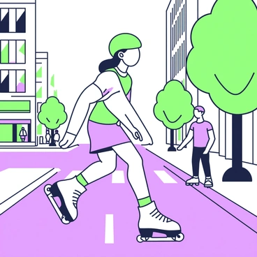 A roller skater is gliding down a city street, showcasing impressive leg extensions. The skater is wearing a bright helmet and has a focused expression on their face. Their legs are extended outwards, demonstrating skill and balance. Surrounding the skater, the cityscape features tall buildings with large windows and a few trees lining the street. A couple of pedestrians are visible in the background, observing the skater. The asphalt pavement is clearly marked with white lines, and there are colorful shop signs on the side of the street.