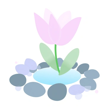 A delicate "lotus flower" with soft pink petals is rising from a small pool of clear water. Surrounding the lotus, the "zen stone garden" features meticulously arranged smooth pebbles in varying shades of gray. A few larger rocks are strategically placed, adding to the tranquil atmosphere. The background consists of a muted gradient of pastel colors, complementing the serene setting.