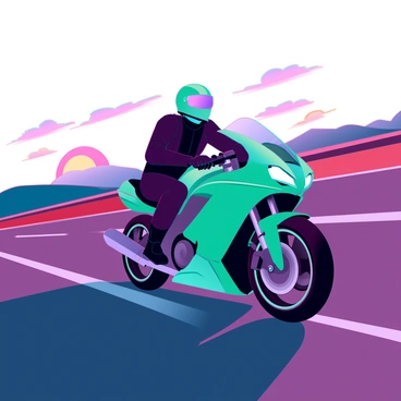 A sleek Kawasaki motorcycle with a glossy green finish and chrome accents, is positioned at an angle as it accelerates along a long, open highway. The rider, dressed in a black leather jacket and a matching helmet, leans forward, gripping the handlebars firmly. The sun is setting on the horizon, casting warm orange and pink hues across the sky. Long shadows stretch across the asphalt, and gentle wisps of clouds catch the colorful light. In the distance, there are silhouettes of rolling hills under the fading sunlight, creating a tranquil yet adventurous atmosphere.