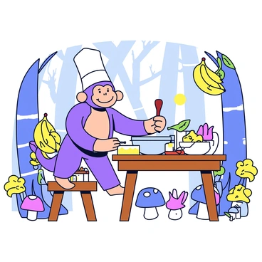 A monkey wearing a tall white chef's hat is standing on a wooden stool in a whimsical forest kitchen. The kitchen features a rustic wooden table cluttered with ingredients, including ripe bananas, flour, and bowls. The monkey is mixing batter in a large mixing bowl with a wooden spoon, smiling with joy. Surrounding the kitchen are various colorful mushrooms and vibrant flowers. Sunlight filters through the trees, casting playful shadows on the scene.