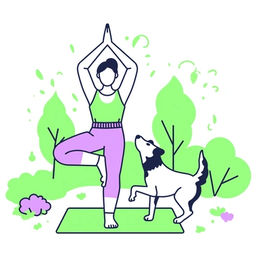 A person is practicing yoga poses on a green yoga mat spread out on the grass in a park. The person is in a tree pose, balancing on one leg, with their arms extended overhead. Next to them, a small dog is playfully mimicking the pose, standing on its back legs with its front paws raised. Surrounding them, various trees and bushes create a natural setting, and dappled sunlight filters through the leaves above. A few colorful flowers are visible near the edge of the yoga mat, adding a touch of vibrancy to the scene.