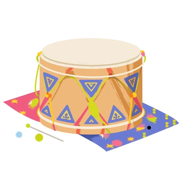 A beautifully decorated Amazigh drum featuring intricate geometric patterns and vibrant colors. The drum has a round wooden body adorned with traditional motifs in shades of blue, red, and yellow. It has a taut skin stretched tightly across the top, ready for playing. Surrounding the drum, there are colorful woven textiles typical of Amazigh culture, adding to the festive atmosphere. Delicate beads and small decorative elements are placed around the drum, enhancing its visual appeal for traditional ceremonies.