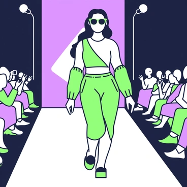 A model is walking down a runway, showcasing avant-garde eyewear. The model has long, flowing hair styled elegantly, and is wearing a striking outfit that features unique cuts and textures. The eyewear features unusual shapes and intricate designs, accentuating the model's face. The runway is lined with bright lights that illuminate the scene, while an audience can be seen in the background, capturing the moment on their devices. The atmosphere is vibrant, emphasizing the bold fashion statement being presented.