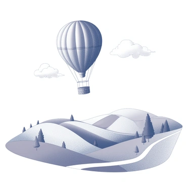 A hot air balloon made entirely from matchsticks is floating gently in the sky. The balloon is supported by a thin wicker basket, also crafted from matchsticks. Below, a picturesque countryside landscape unfolds, featuring rolling hills and patches of farmland. The scene includes a winding dirt road that cuts through the fields and a few scattered trees dotting the horizon. The sky is clear, with a few fluffy clouds drifting by, enhancing the tranquil atmosphere of the image.