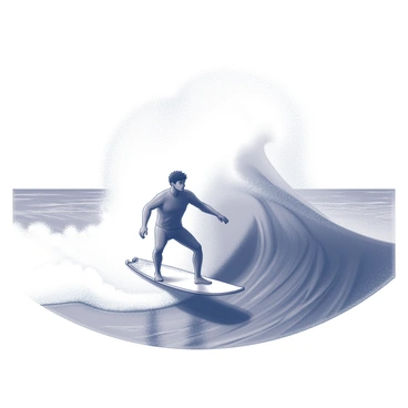 A surfer is positioned on a surfboard, expertly balancing as he rides a giant wave. The wave is towering and dynamic, with frothy white water cascading on the edges. The ocean forms an expansive backdrop, stretching out towards the horizon where the sky meets the water. The horizon is visible in the distance, creating a sense of depth and space in the scene. The surfer's posture conveys focus and skill, with arms outstretched for balance against the powerful force of the wave.