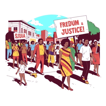A diverse group of individuals is walking through a city, celebrating Juneteenth. Some participants are holding banners that read "Freedom" and "Justice" in bold letters. A few people are wearing vibrant clothing with traditional African patterns and colors. The sun is shining down, casting shadows on the pavement. In the background, a mix of modern buildings and historic structures can be seen, representing the city's cultural heritage. Children are playing nearby, adding a sense of joy to the event. The atmosphere is filled with energy and unity as everyone walks together.