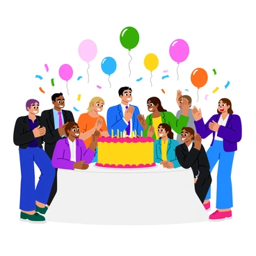 A sales team celebrating their quarterly goals with a cake and happy expressions