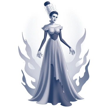 An artist's canvas featuring "the Bride of Frankenstein." She has a striking hairstyle with tall, white, voluminous sections and dark roots. Her face displays a blend of dramatic makeup and a pained expression. The figure is wearing a tattered, flowing gown that emphasizes her tall and imposing stature. The background is filled with an array of dynamic shapes and lines that enhance the overall composition, creating a sense of movement around the character. The overall scene captures the essence of the Bride's iconic look and emphasizes her haunting presence.