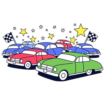 A nostalgic retro affiche featuring classic cars displayed prominently. The cars are of various models, with vibrant colors like red, blue, and green, showcasing their shiny bodies and chrome details. In the background, there are checkered flags waving, adding a dynamic element. The design incorporates decorative elements typical of retro style, including starbursts and rounded edges, enhancing the nostalgic feel of the scene. The overall composition captures the excitement of an auto show celebration.