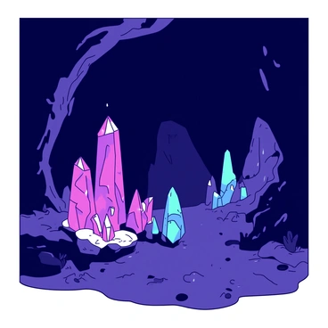 A dark cave features large, luminous crystals in various sizes scattered throughout the space. The crystals emit vibrant colors, creating a stunning contrast against the dark, rugged walls of the cave. Some crystals are tall and pointed, while others are shorter and clustered together. The floor of the cave is uneven, with patches of moss growing in the shadows. A soft glow from the crystals illuminates the surroundings, highlighting the intricate textures of the cave walls and the shimmering reflections from the crystal surfaces.