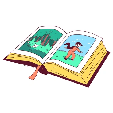 A yellow book with a hard cover is lying open on a wooden table. The pages are filled with intricate illustrations depicting scenes from a beloved childhood story. The left page shows a teal forest filled with whimsical creatures, while the right page features a scene of a joyful character dancing under a blue sky. The edges of the pages are slightly worn, indicating the book has been cherished over the years. A small orange bookmark is placed between the pages, marking a favorite part of the story.