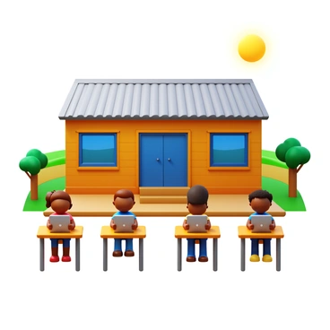A rural school building with a simple design, featuring a wooden exterior and a tin roof. In front of the school, several children are seated at wooden desks, each focused on their individual tablets. The children are of diverse backgrounds, engaging eagerly with their devices. Around them, there are green fields and a few trees, complementing the rural setting. The sun is shining brightly, casting soft shadows on the ground, enhancing the vibrant atmosphere of learning.